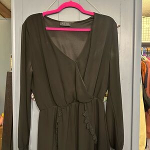 Astr Black Long-Sleeve Lace-Trim Wrap Dress